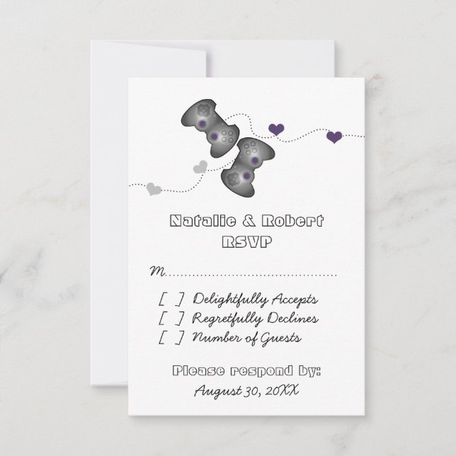Carte de réponse Mariage Geeky Gamers (Argent/Viol (Devant)