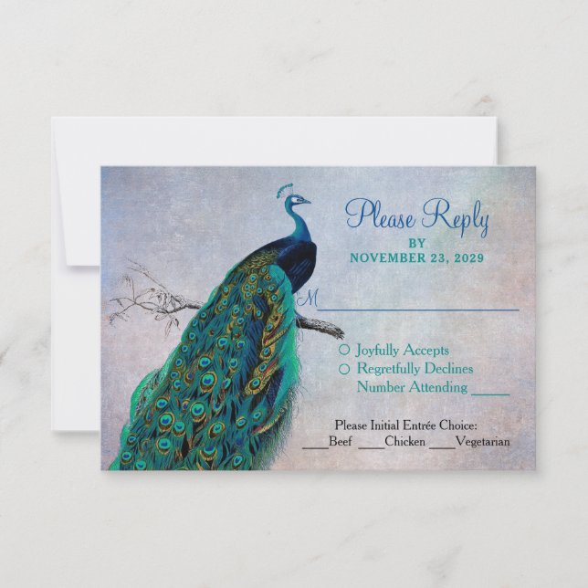 Carte de réponse Mariage Peacock RSVP avec options (Devant)