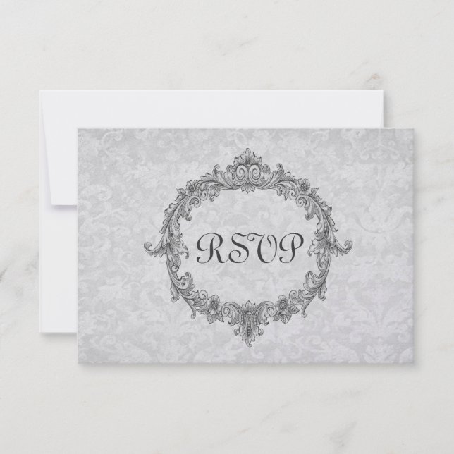 Carte de réponse Mariage RSVP Argent et Gris Damas (Devant)
