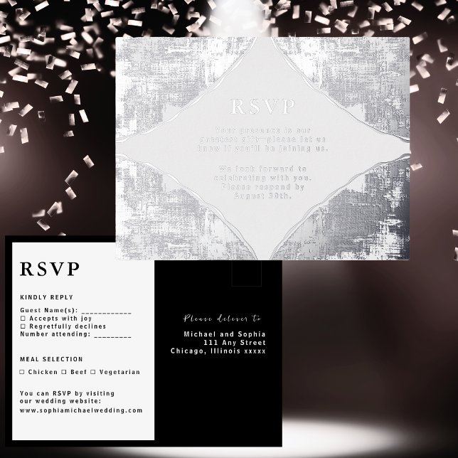 Carte de réponse Mariage RSVP Modern Silver Luxe (Créateur téléchargé)