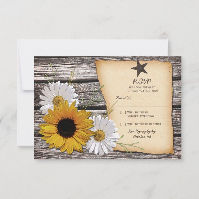 Carte de réponse Mariage Rustique Sunflower Daisy (Devant)