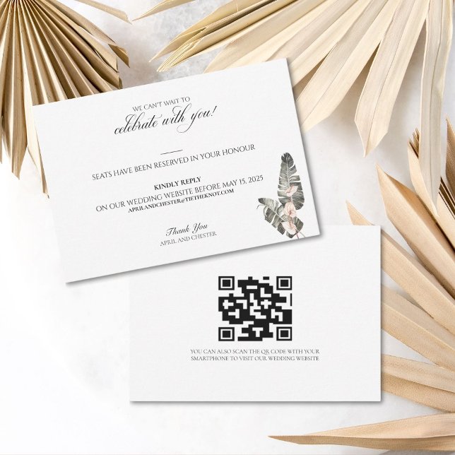 Carte de réponse Mariage Tropical Palm Noir (RSVP card with an area to add your QR Code to link to your wedding website)
