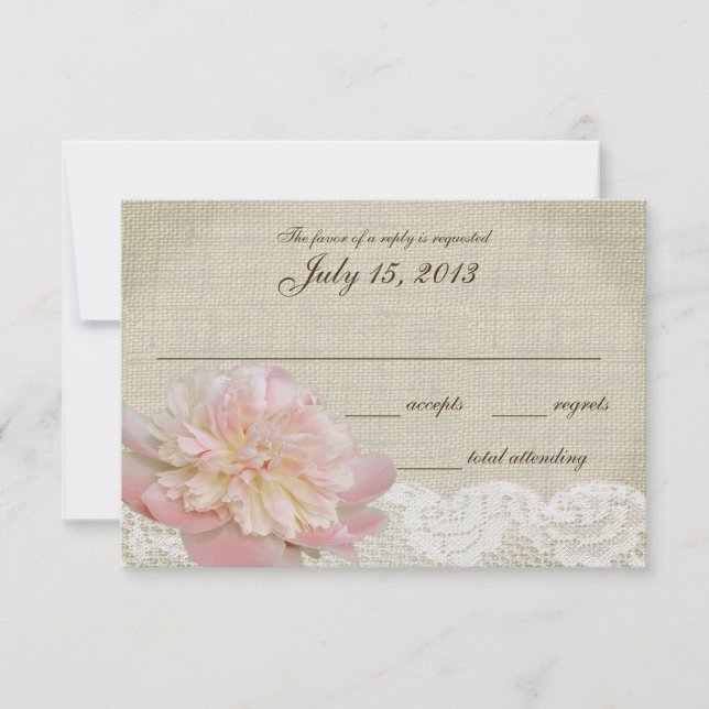 Carte de réponse Mariage vintage Peony et Lace (Devant)