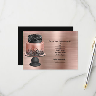 CARTE DE RÉPONSE MÉTALLISÉE GÂTEAU OR ROSE NOIR