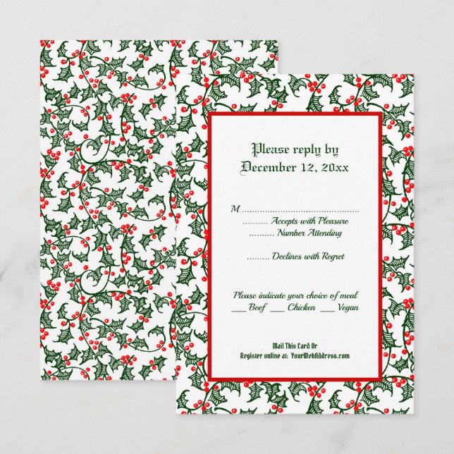 Carte de réponse modifiable Green Holly Holiday 3, (Devant / Derrière)