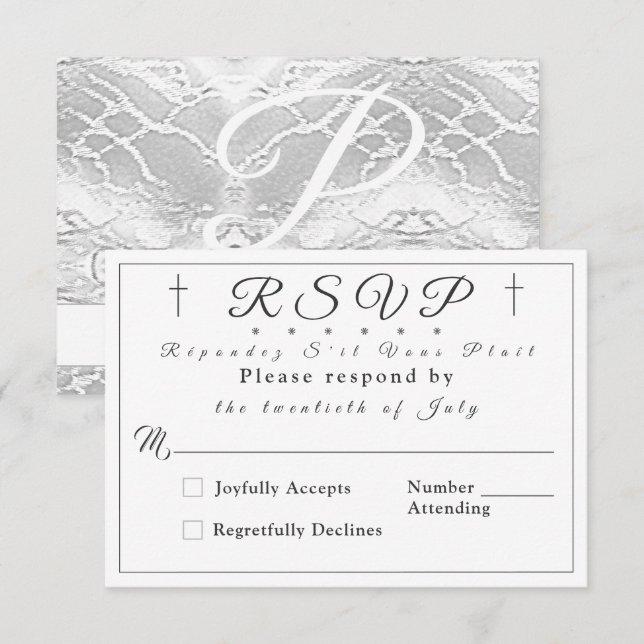 Carte de réponse monographique blanche Faux-Satin (Devant / Derrière)