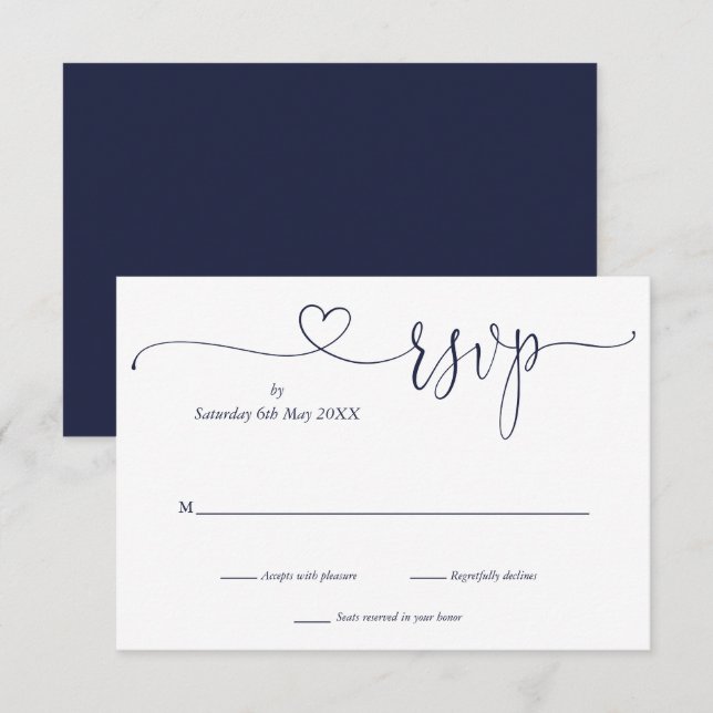 Carte de réponse Navy Blue et blanc à motif de cœu (Devant / Derrière)