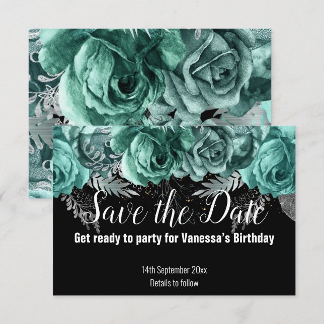 CARTE DE RÉPONSE NOIRE ÉPARGNEZ LA DATE À FLEURS V (Devant / Derrière)