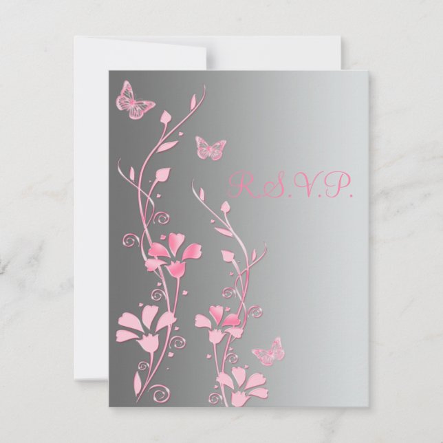 Carte de réponse Papillons Argent et Rose (Devant)