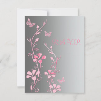 Carte de réponse Papillons Argent et Rose