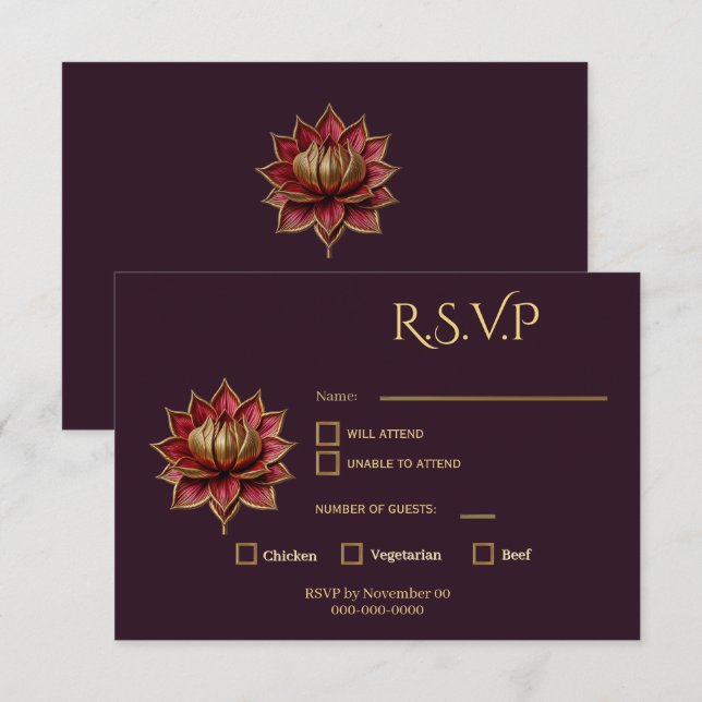 Carte de réponse Plum Gothic Fleur de Lotus (Devant / Derrière)