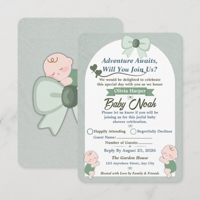 Carte de réponse pour baby shower garçon vert saug (Devant / Derrière)