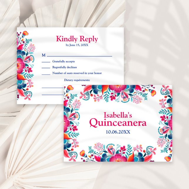 Carte de réponse pour la fête de Quinceañera flora (Floral Quinceanera Fiesta Mexicana RSVP Card on a white sunny dry palm leaf.)