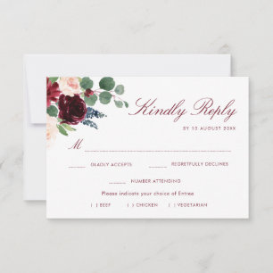 carte de réponse pour le choix du menu floral rose