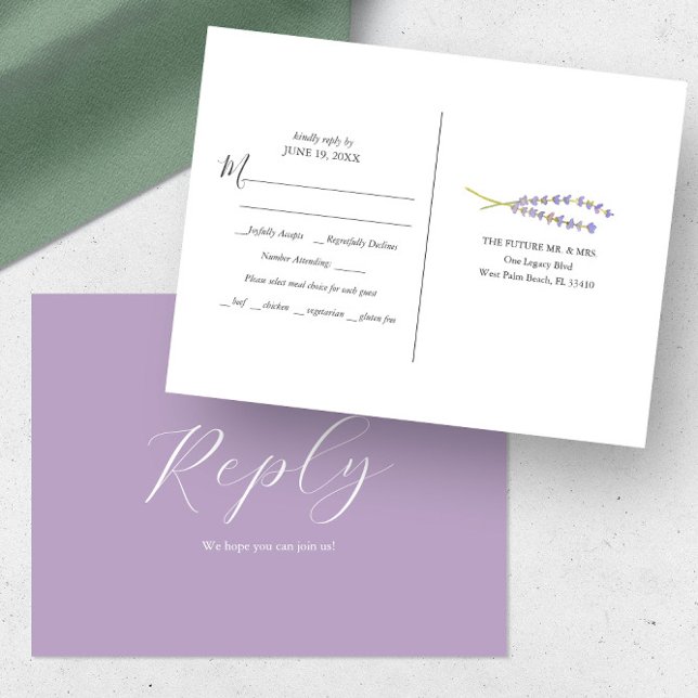 Carte de réponse pour le choix du menu Lavande Rus (RSVP postcard with meal choice minimalistic watercolor lavender art by Victoria Grigaliunas)
