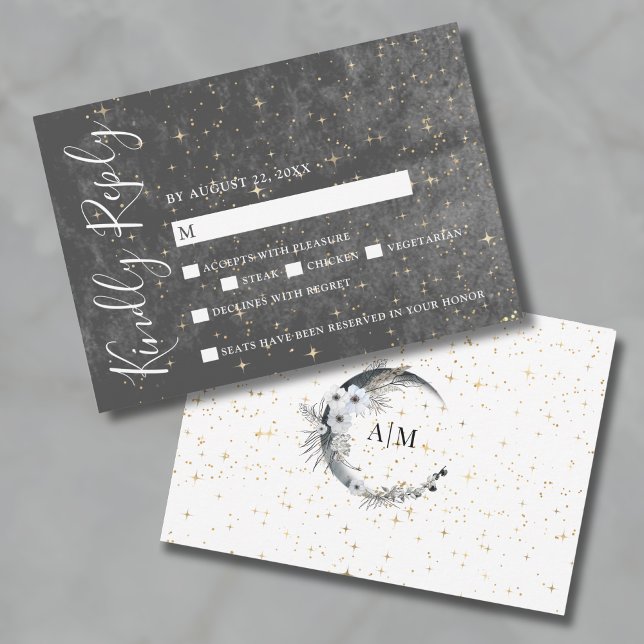 Carte de réponse pour le mariage céleste Crescent  (Crescent Moon Gold Celestial Wedding RSVP Card)