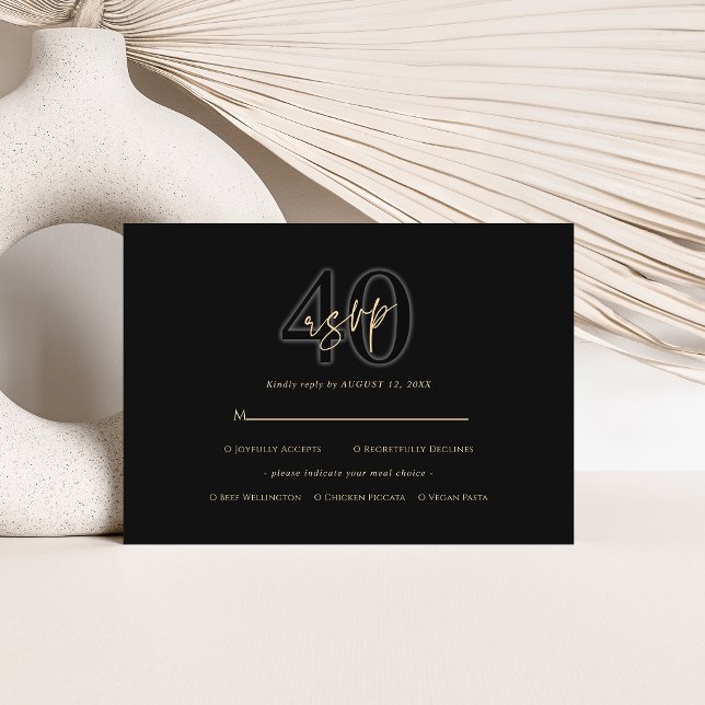 Carte de réponse pour les 40 ans de Modern Black G (Modern Black Gold 40th Birthday RSVP Card)