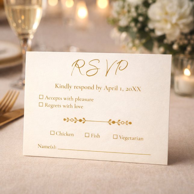 Carte de réponse pour les 50 ans de mariage Ivory  (A warm dinner setting showcasing the RSVP card in an elegant event atmosphere.)