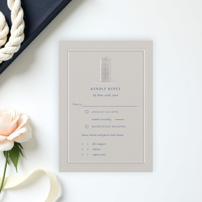 Carte de réponse pour mariage formel avec tour à c (coastal wedding rsvp card formal traditional double frame modern classic ivory bell tower)