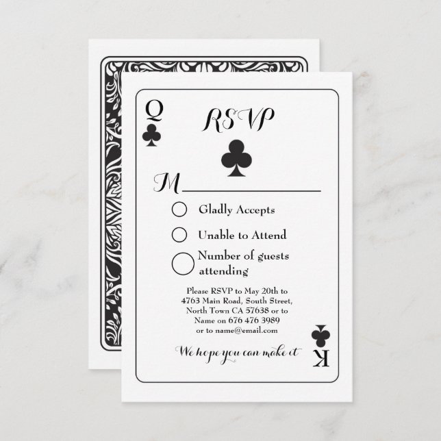 Carte de réponse pour mariage RSVP K Q As Trèfles (Devant / Derrière)