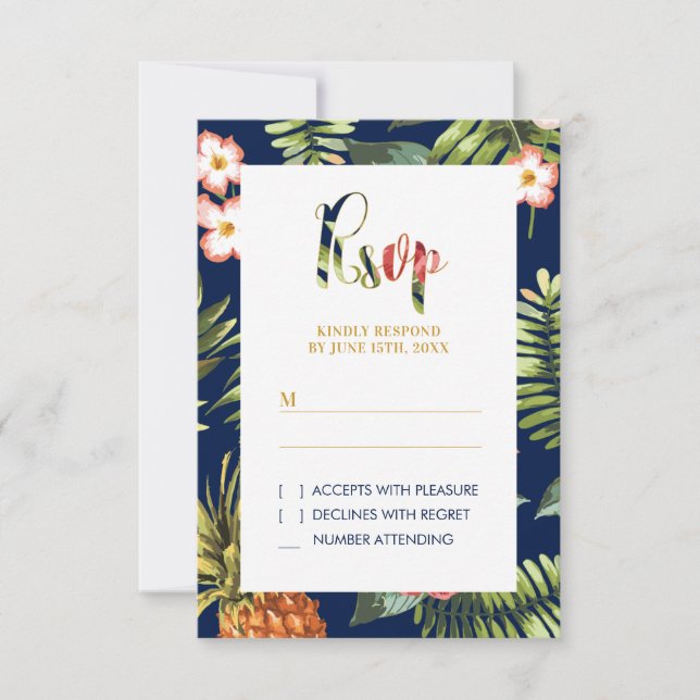 Carte de réponse pour mariage tropical d'été en or (Devant)