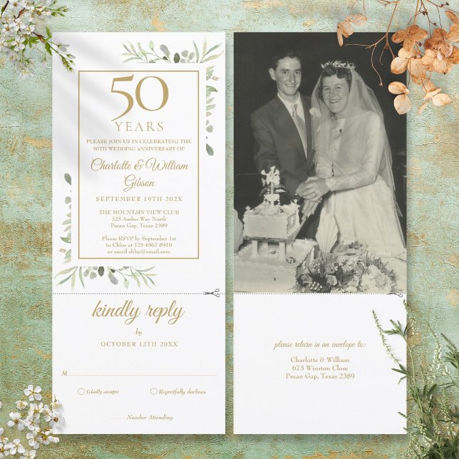 Carte de réponse pour photo de mariage de 50e anni (50th Golden Anniversary Wedding Photo Foliage RSVP Invitation)