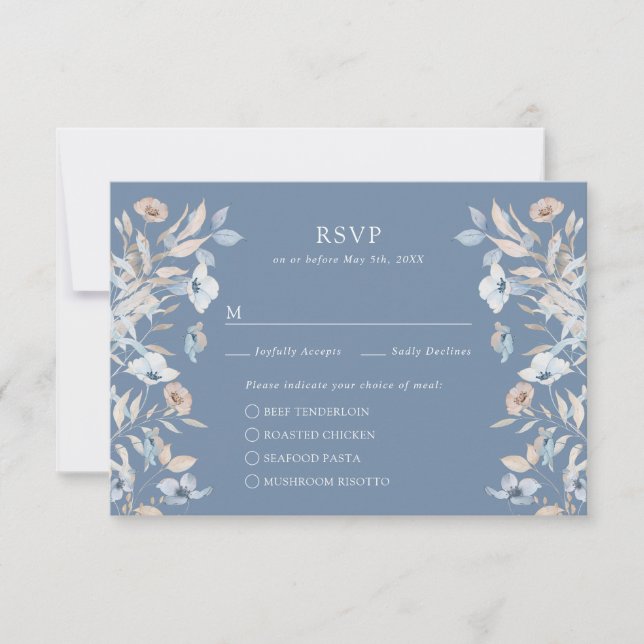 Carte de réponse pour repas à motif floral bleu (Devant)