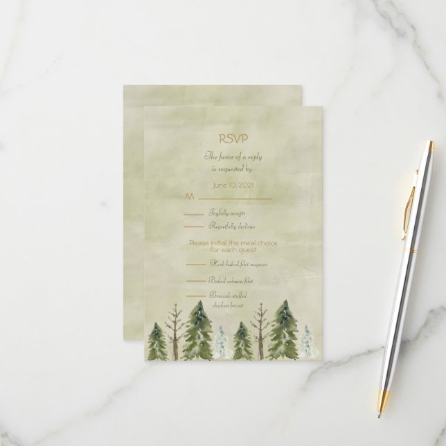 Carte de réponse pour un mariage au milieu des pin (Devant/Arrière en situation)