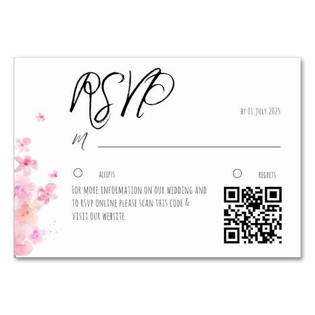 Carte de réponse QR à fleur aquarelle rose minimal (Devant)