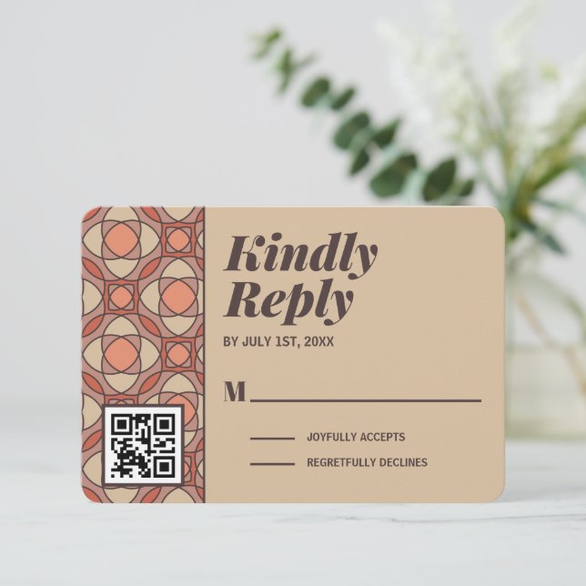 Carte de réponse QR Code Art Déco Mauve et Terraco (Debout devant)