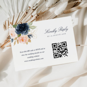 Carte de réponse QR code avec fleurs roses et bleu