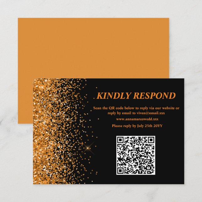 Carte de réponse QR Code avec paillettes dorées (Devant / Derrière)