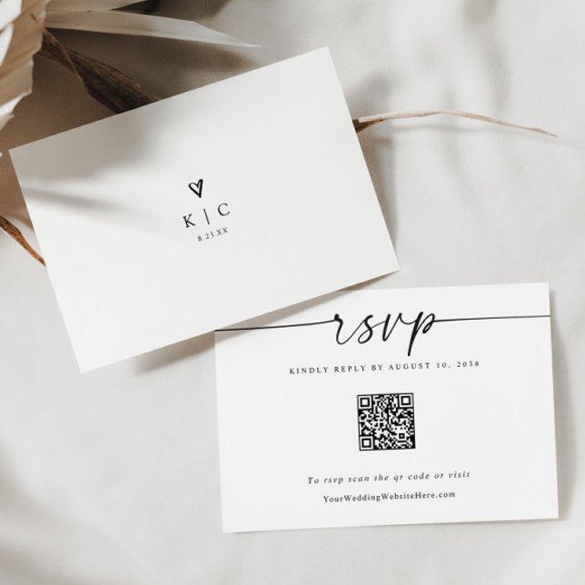 Carte de réponse QR Code Cœur de mariage simple mo (Fun modern simple wedding rsvp card with qr code on the front)