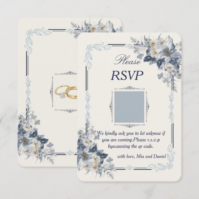 Carte de réponse QR Code de mariage à fleurs bleu  (Devant / Derrière)