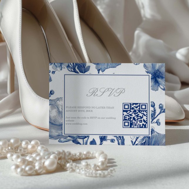 Carte de réponse QR code de mariage argent et bleu (Créateur téléchargé)
