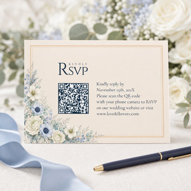 Carte de réponse QR Code de mariage | Hiver ivoire (Créateur téléchargé)