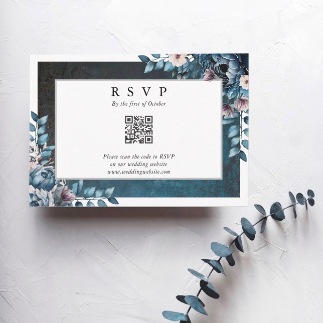 Carte de réponse QR Code élégant de mariage Blue M (Créateur téléchargé)