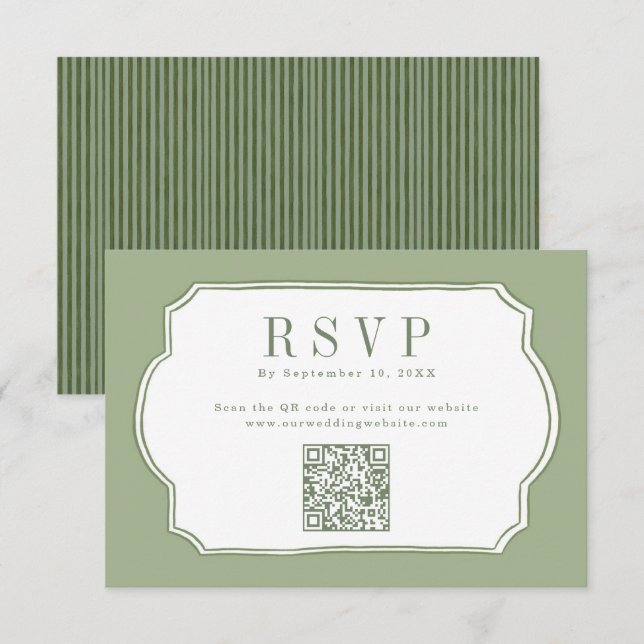 Carte de réponse QR Code mariage vert sauge élégan (Devant / Derrière)