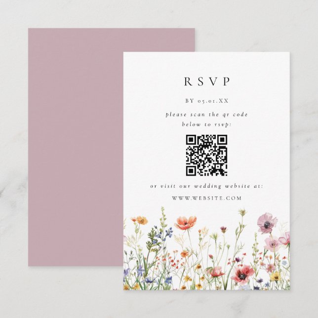 Carte de réponse QR Code pour mariage aux fleurs s (Devant / Derrière)