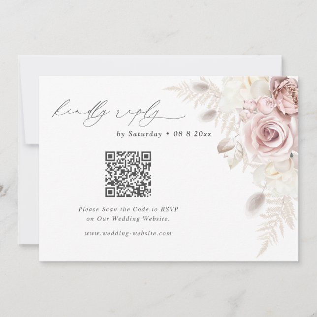 Carte de réponse QR Code pour mariage floral rose (Devant)