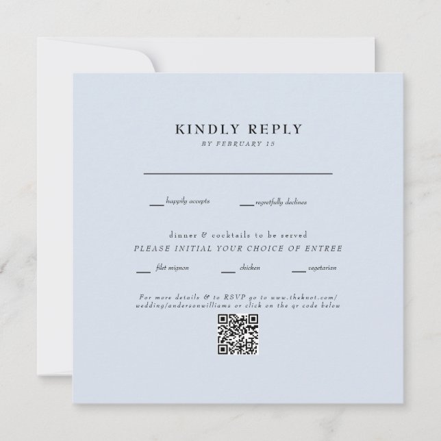Carte de réponse QR Code RSVP mariage bleu poussié (Devant)