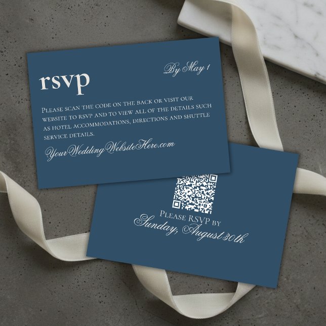 Carte de réponse QR de mariage naval à l'ancienne (Timeless Old Money Navy Wedding QR RSVP Card)