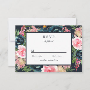 Carte de réponse romantique bleu marine rose flora