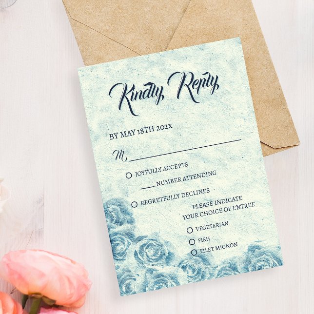 Carte de réponse romantique bleue florale pour mar (Romantic Blue Floral Wedding RSVP Card)
