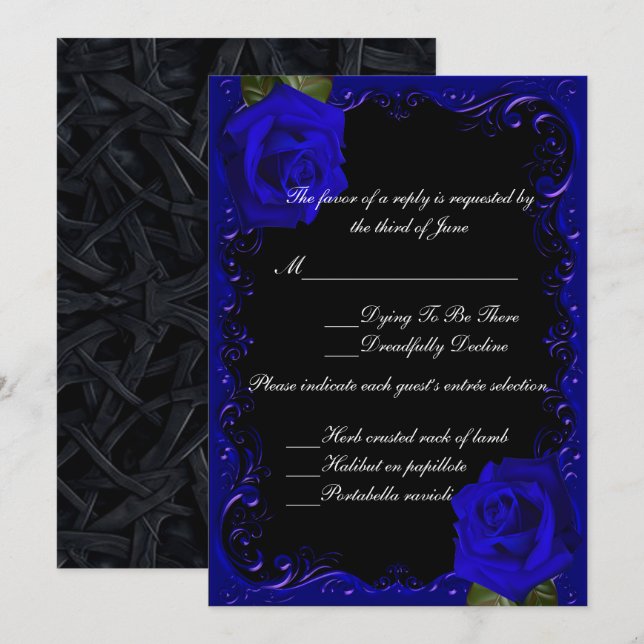 Carte de réponse Roses bleues gothiques élégantes (Devant / Derrière)