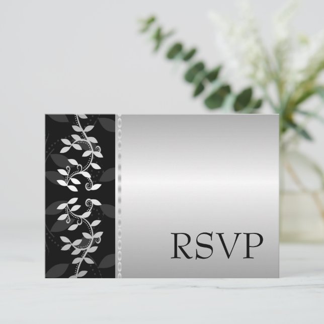 Carte de réponse RSVP à bordure de feuille argenté (Debout devant)