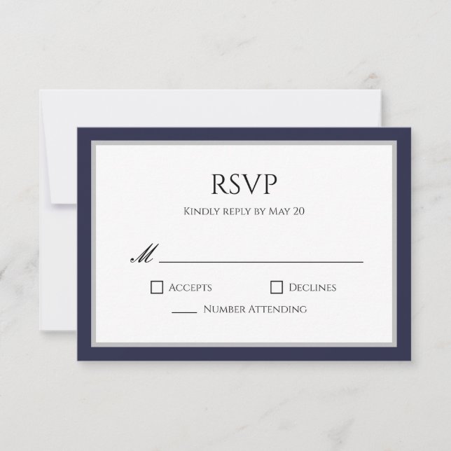 Carte de réponse RSVP à bordure grise et bleu mari (Devant)