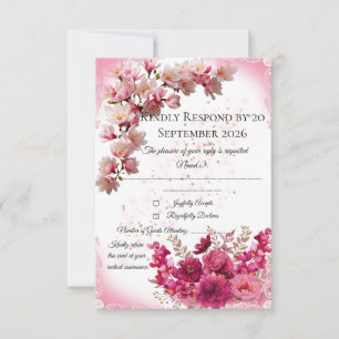 Carte de réponse RSVP à fleurs roses sur fond blan