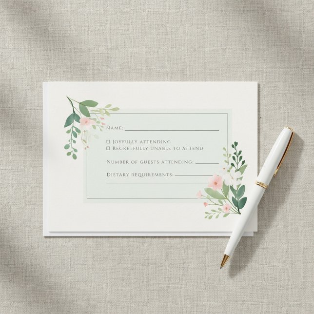 Carte de réponse RSVP à l'aquarelle florale verte  (Soft green watercolor Floral RSVP Response Card.)