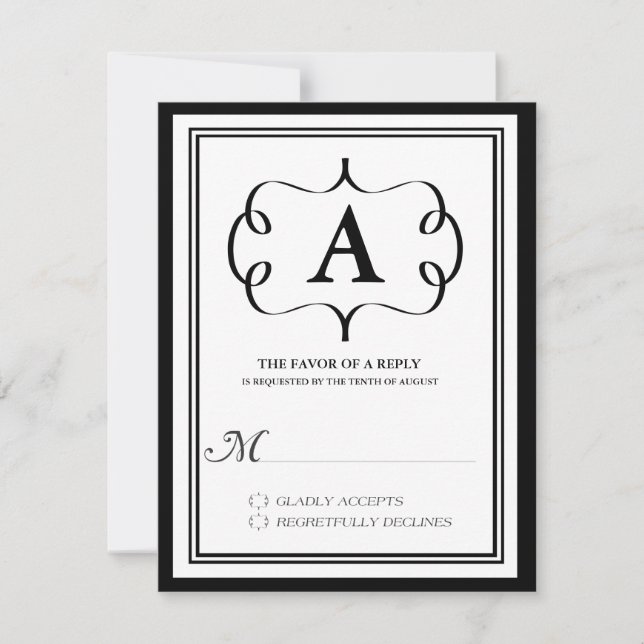 Carte de réponse RSVP à monogramme formel en noir (Devant)